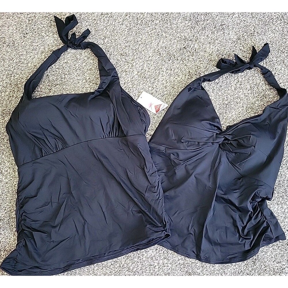 Lands’ End Lot of 2 Halter V-Neck Tankini Tops Women’s 18 XL Black Solid S600